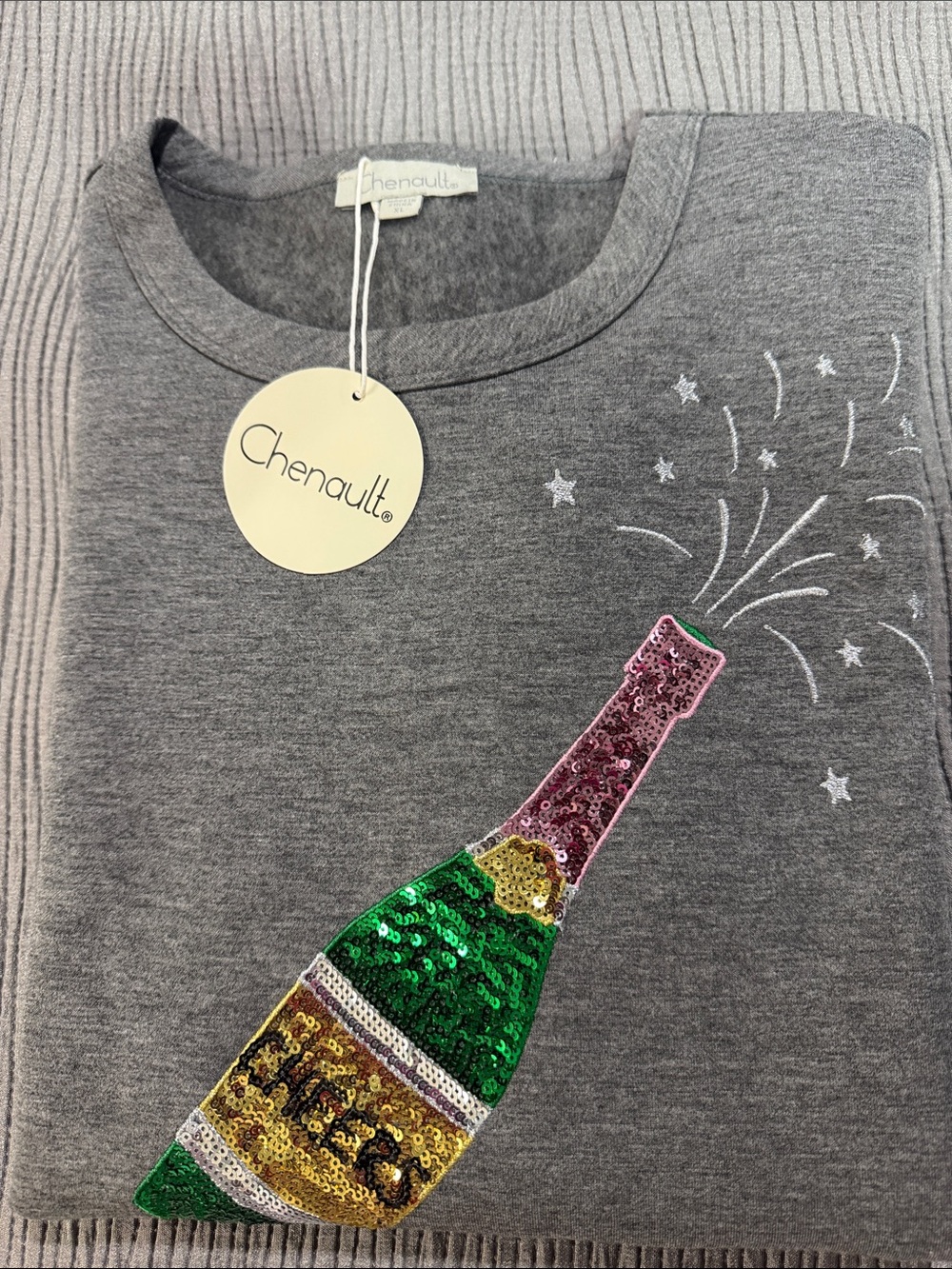 Chenault Gray Sequin Champagne Bottle Sweatshirt super soft